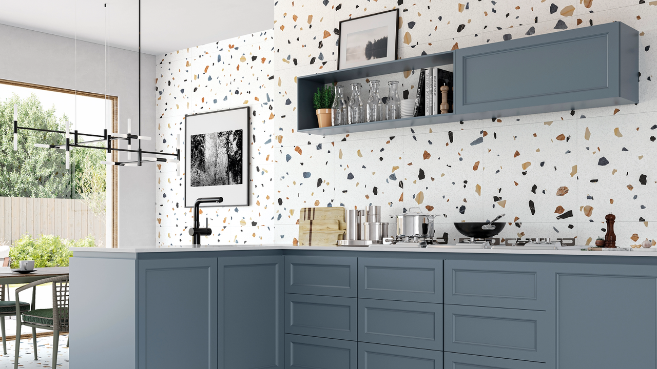 Blue kitchen with terrazzo kitchen wall tile idea