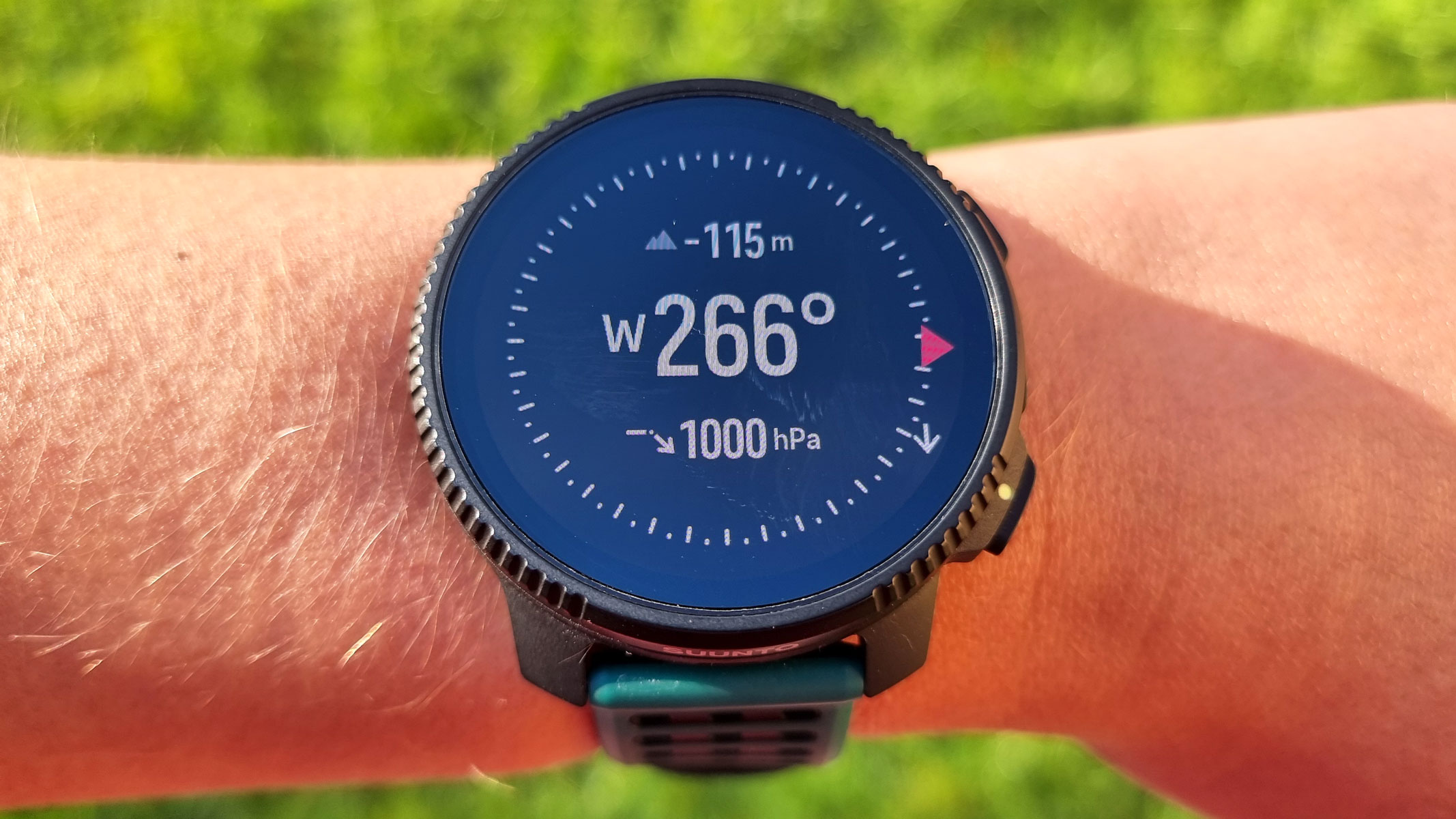 A close-up picture of the compass feature in the Suunto Vertical 2 smartwatch