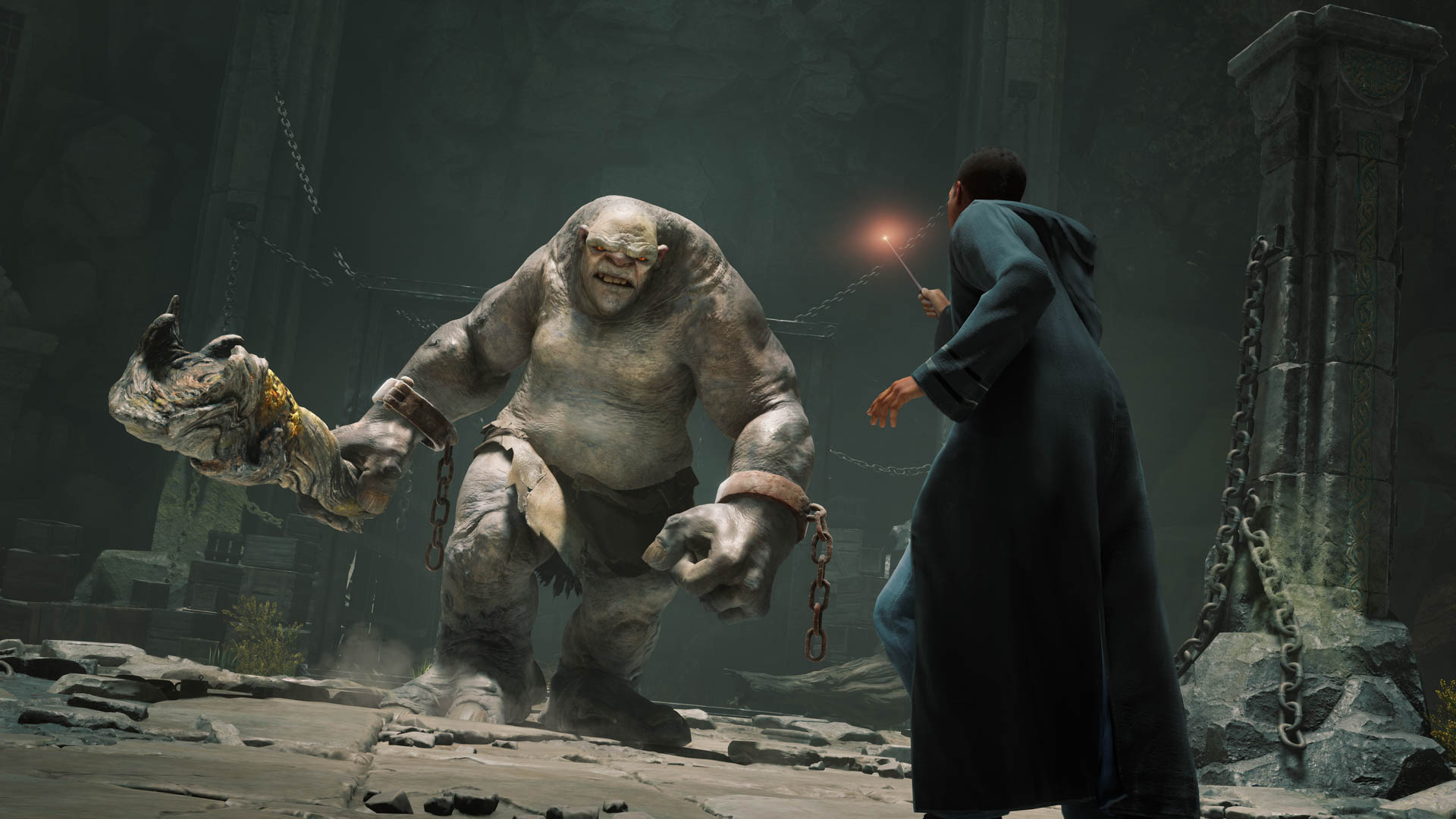 A Hogwarts student wielding a wand at an approaching troll with a club
