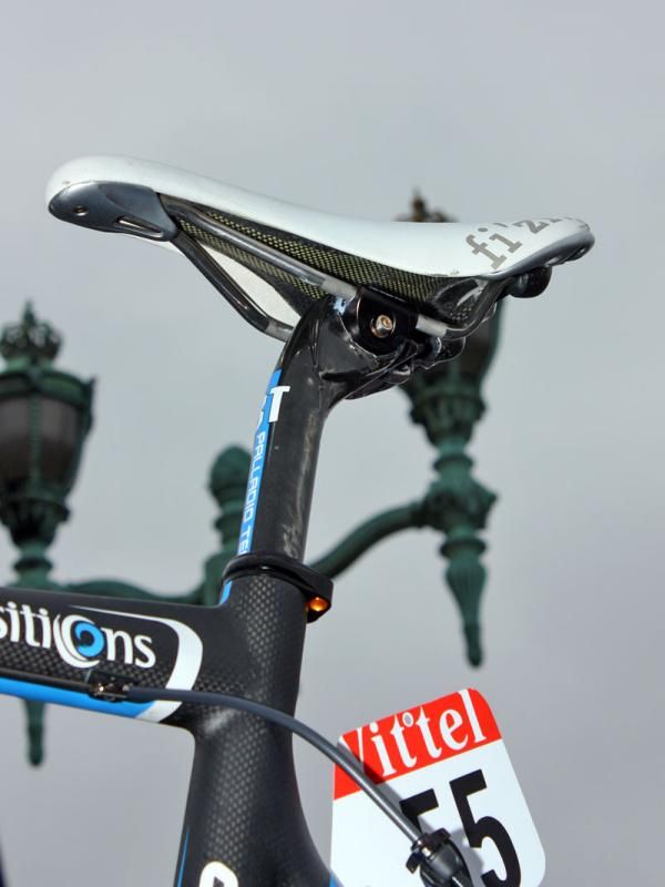 3T's never-come-loose Palladio seatpost makes an appearance on this Garmin-Transitions team bike.