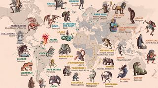 A map featuring bogeymen monsters from different countries around the world