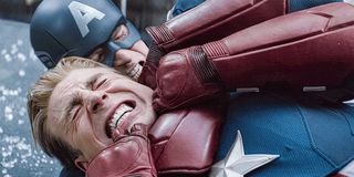 Chris Evans as Captain America choking himself in Avengers: Endgame