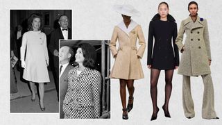 Jackie Kennedy wearing a tan high-neck mod coat and a checkered mod coat with models wearing coats from Louis Vuitton, Ferragamo, and Burberry