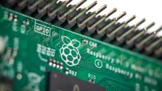Close-up detail of the Raspberry Pi Foundation logo on a Raspberry Pi 3 Model B single-board computer.