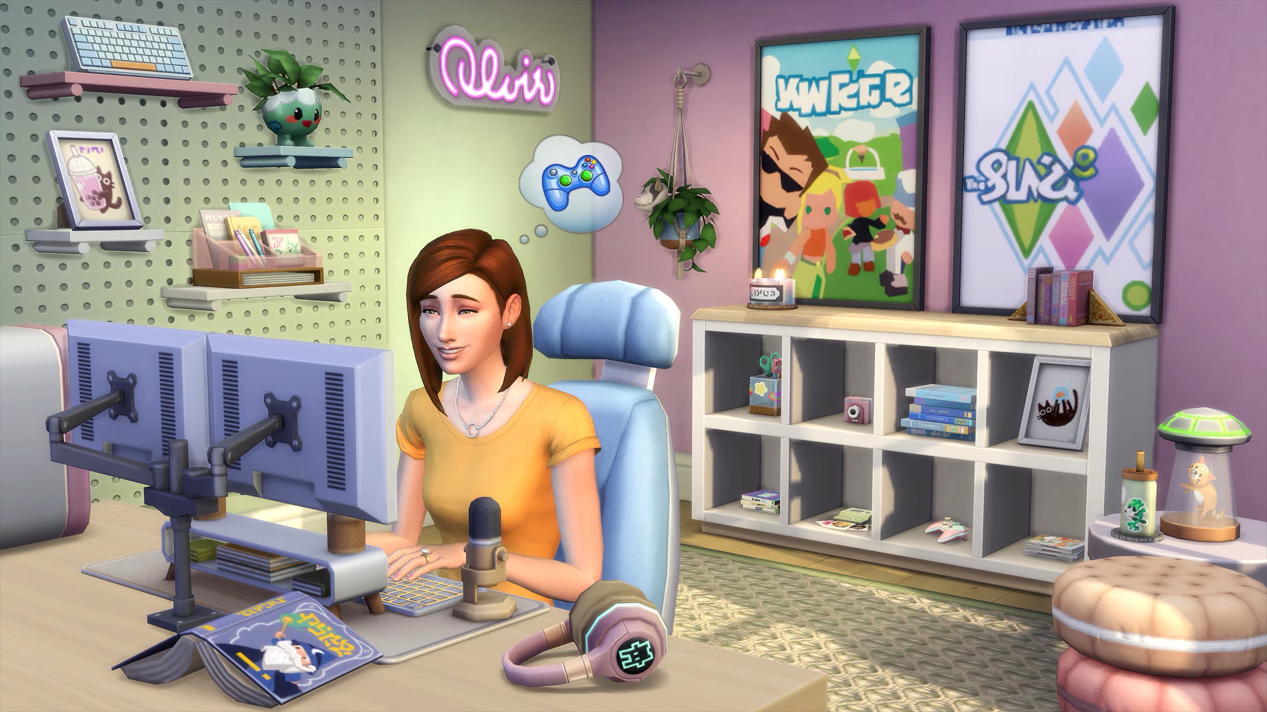 The lilsimsie "comfy gamer kit", showing a Sim sitting at a desk and gaming