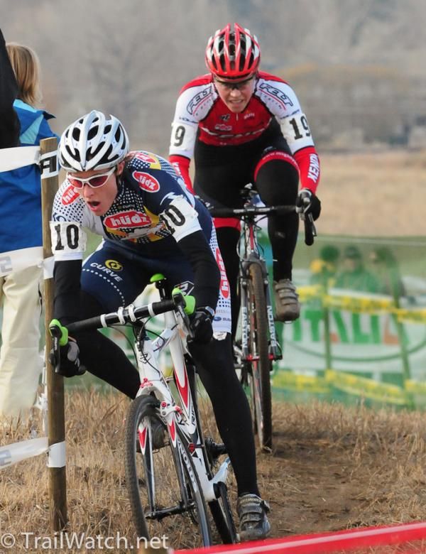 Kathy Sherwin (Hudz-Subaru) leading fellow mountain biker Amanda Carey around a tight turn.