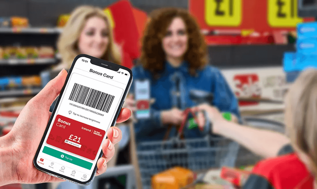 The Iceland app showing the scannable bonus card barcode