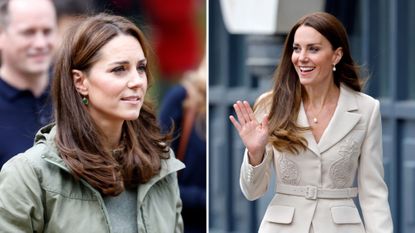 Two images of Kate Middleton wearing Monica Vinader jewellery 