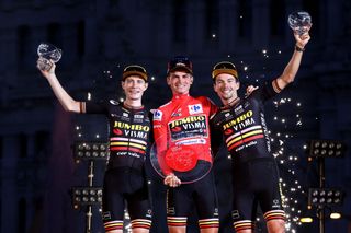 Vuelta a España 2023, the final podium: Jonas Vingegaard, Sepp Kuss (winner) and Primoz Roglič