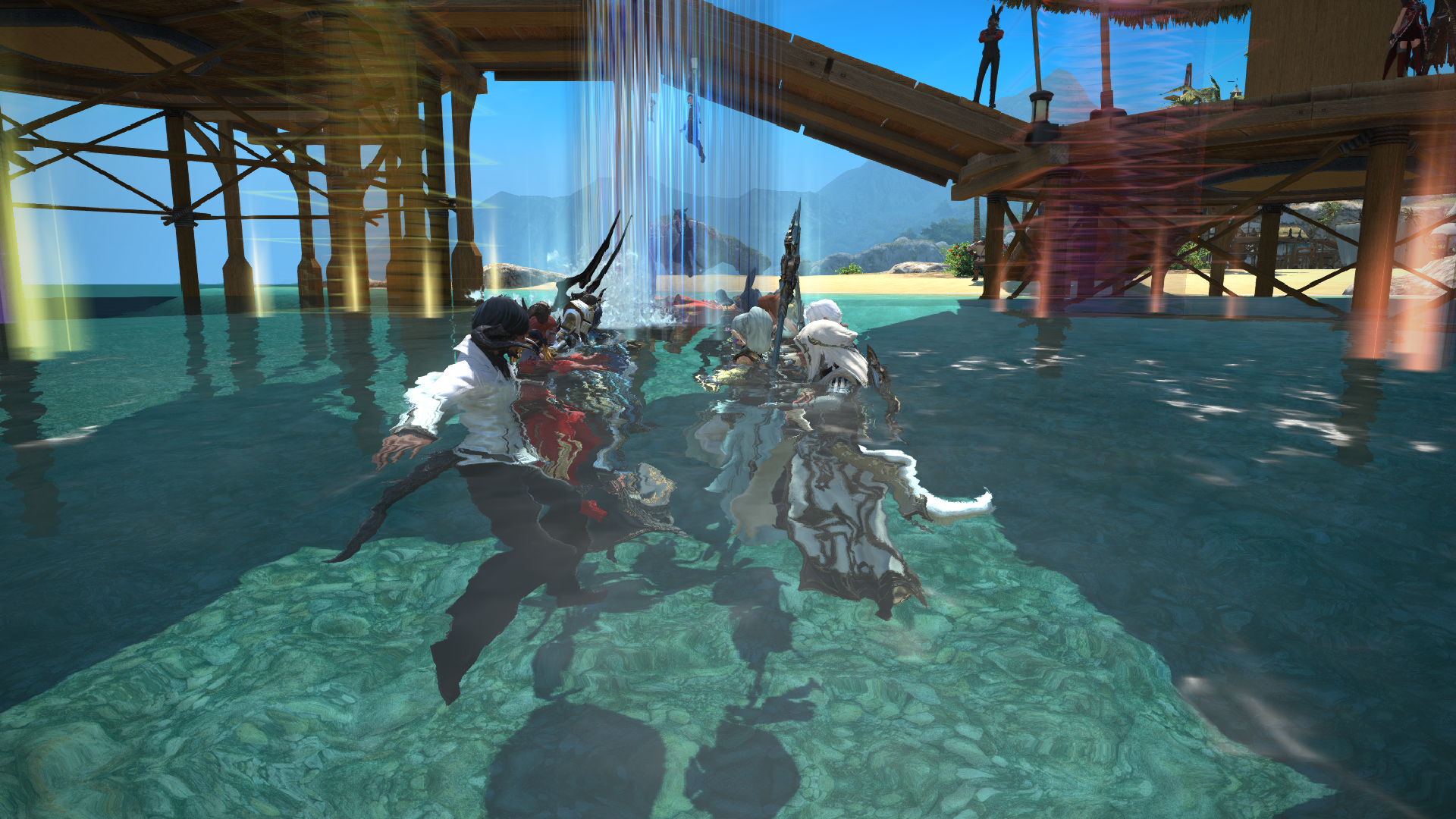 A group of adventurers gather, preparing to play Blitzball in Final Fantasy 14.