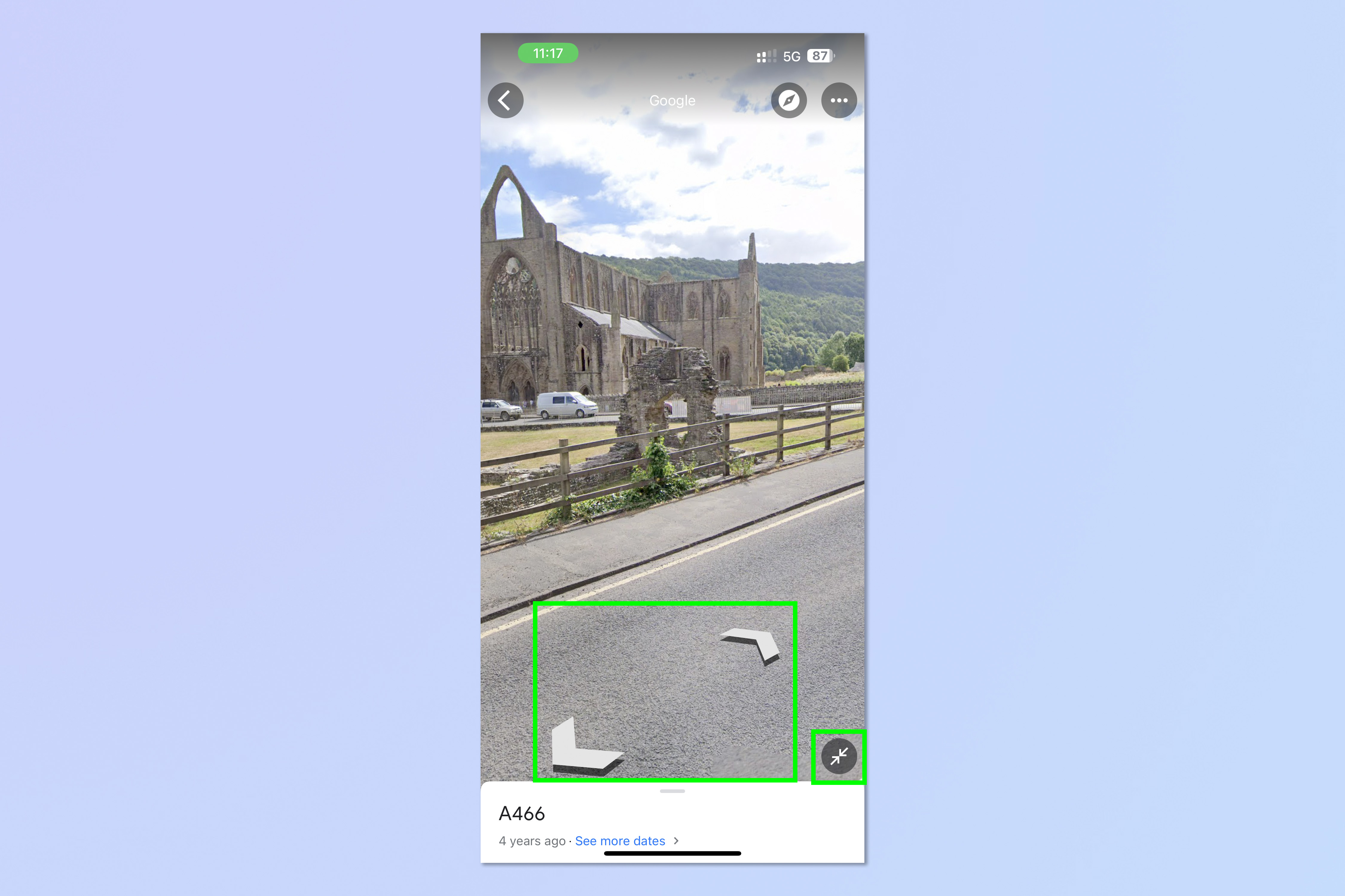 Una captura de pantalla que muestra cómo usar Google Maps Street View en iOS / iPadOS