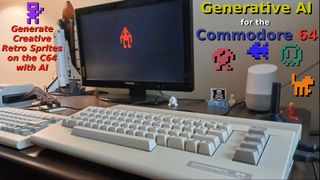 A screenshot from a YouTube video showing a Commodore 64 performing generative AI based image creation