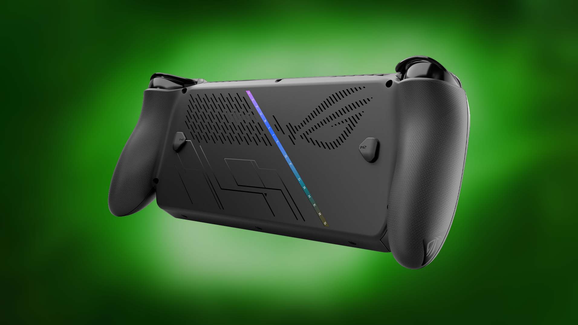 The back side of the Xbox Ally X on a green background.