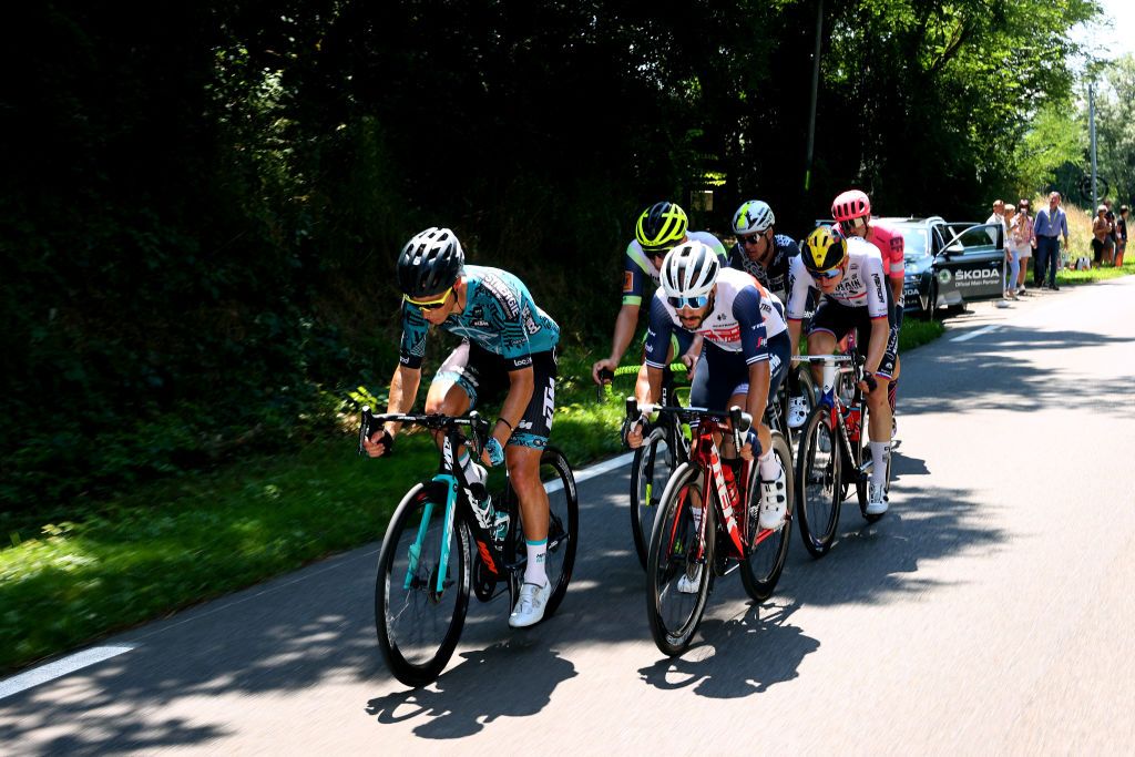 LIBOURNE FRANCE JULY 16 Franck Bonnamour of France and Team BB Hotels pb KTM Julien Bernard of France and Team Trek Segafredo Matej Mohori of Slovenia and Team Bahrain Victorious Simon Clarke of Australia and Team Qhubeka NextHash Jonas Rutsch of Germany and Team EF Education Nippo Franck Bonnamour of France and Team BB Hotels pb KTM in breakaway during the 108th Tour de France 2021 Stage 19 a 207km stage from Mourenx to Libourne LeTour TDF2021 on July 16 2021 in Libourne France Photo by Michael SteeleGetty Images