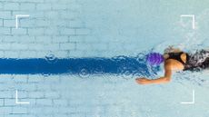 Bird's eye view of woman swimming lengths in a pool, following the lanes, representing the debate between swimming vs running