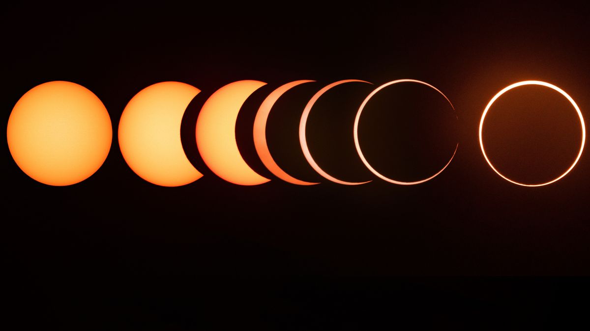 A composite image showing the stages of an eclipse, with the untouched solar disk shown on the left, partial eclipse phases in the middle and a fully eclipsed sun during annularity shown on the right against a black sky, with only its outer edge visible surrounding the moon's silhouette.