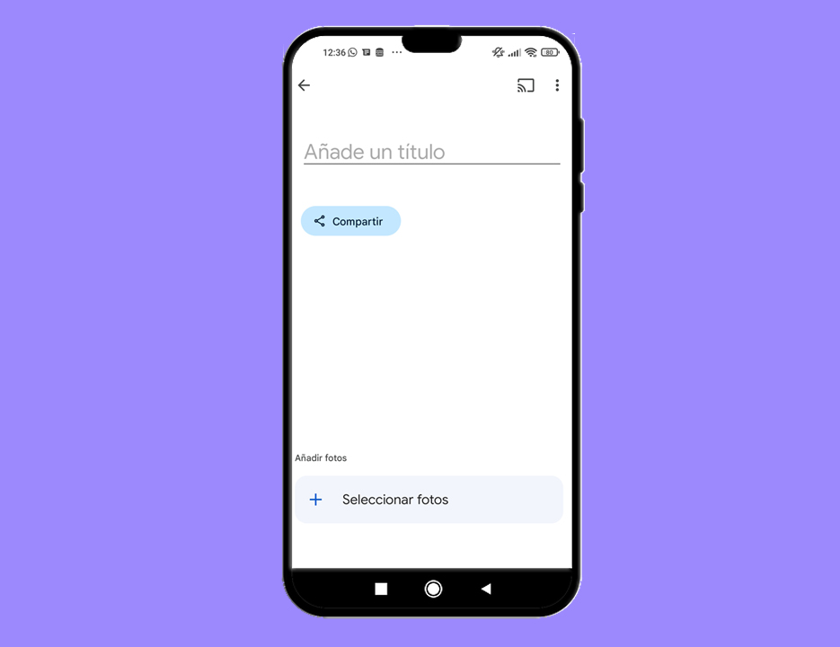 Añade un título al álbum y pulsa en Seleccionar fotos