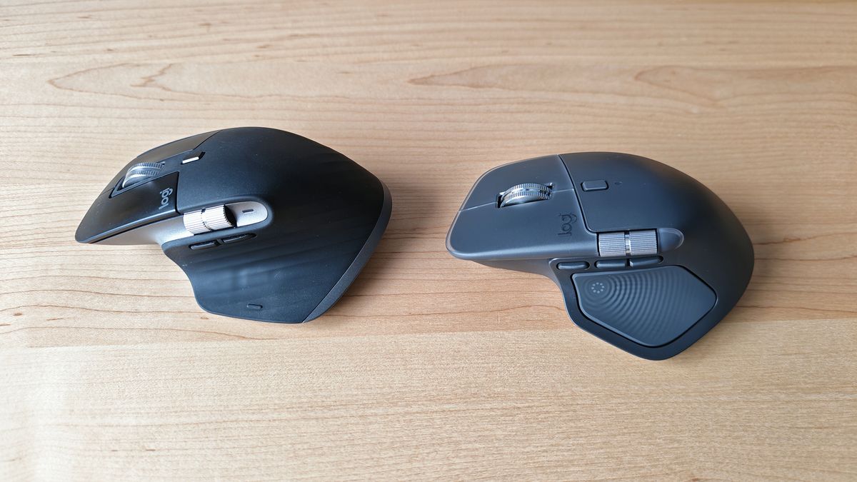 The Logitech MX Master 4 mouse, from different angles.