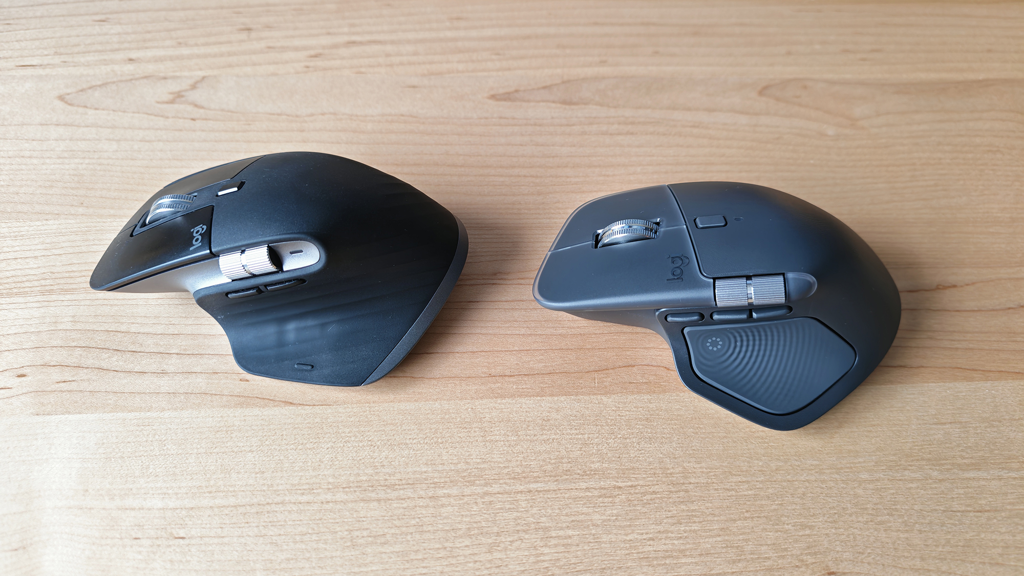 The Logitech MX Master 4 mouse, from different angles.