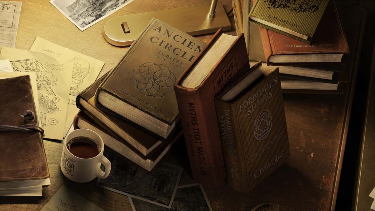 New Indiana Jones game trailer screenshot showing books on a desk