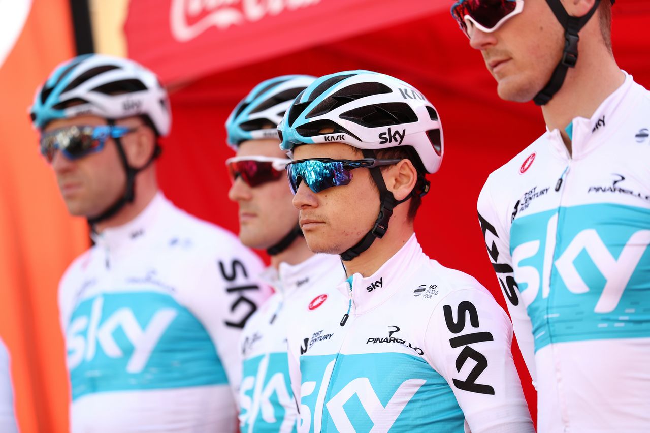Team Sky is introduced on the podium