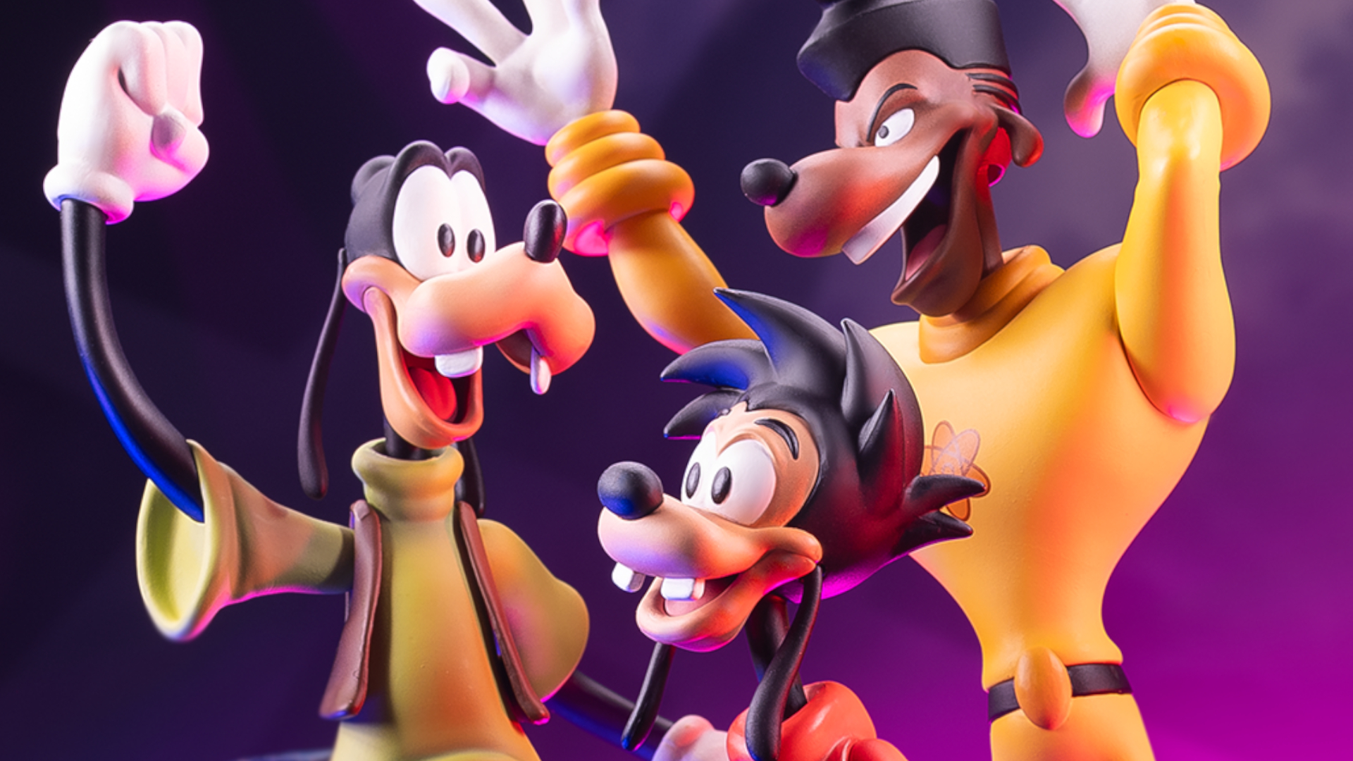 Mondo Squads Goofy, Max, and Powerline figures against a purple and black background