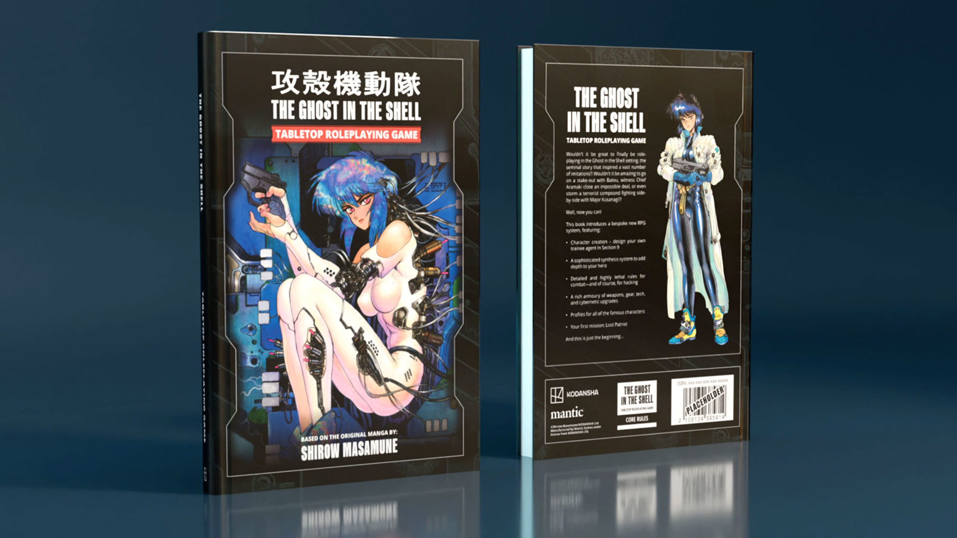 The Ghost in the Shell tabletop RPG front and back covers on a blue, reflective background