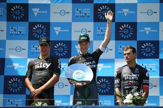 The Race Melbourne circuit race podium: Danny van Poppel, Sam Bennett and Scott Sunderland