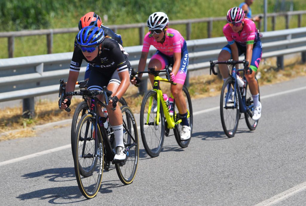 CARUGATE ITALY JULY 06 Mariia Novolodskaia of Russia and AR Monex Womens Pro Cycling Team in breakaway during the 32nd Giro dItalia Internazionale Femminile 2021 Stage 5 a 1201km stage from Milano to Carugate GiroDonne UCIWWT on July 06 2021 in Carugate Italy Photo by Luc ClaessenGetty Images