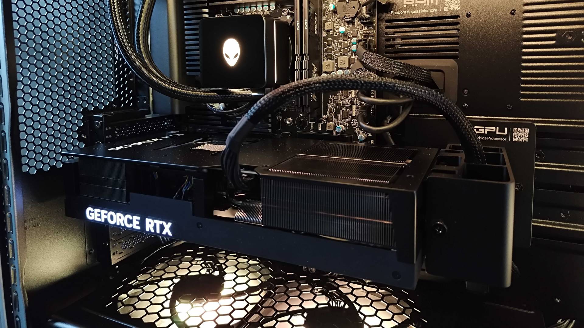 Close up of inside Alienware Area-51 RTRX 5090 GPU and CPU cooler inside case.