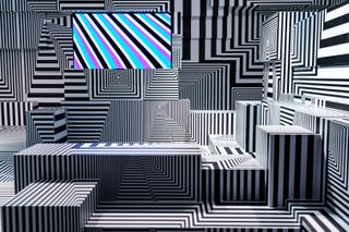 Black and white dazzle-effect art installation by Tobias Rehberger for LG OLED lounge at Frieze London