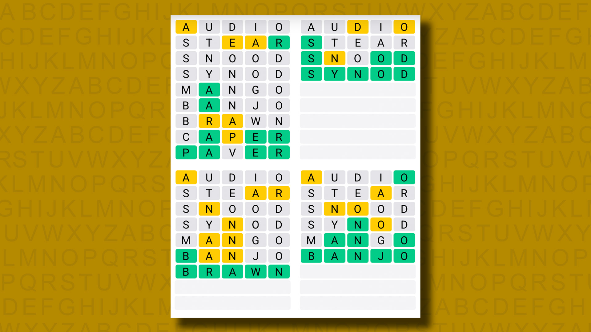 Quordle answers for game 1103 on a yellow background