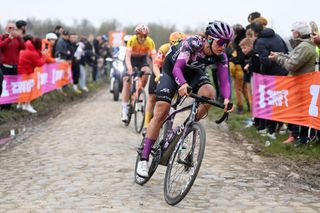 Katia Ragusa of Liv Racing Teqfind on the cobbles at Paris-Roubaix Femmes on her way to second place