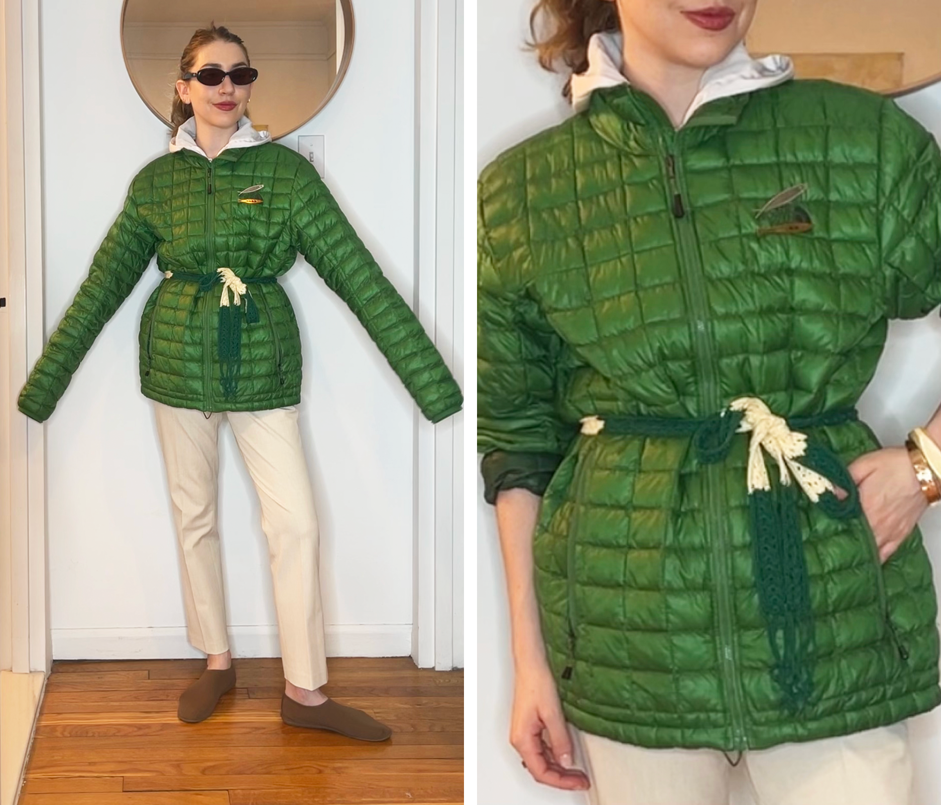 Elizabeth Cardinal Tamkin borrows her boyfriend's quilted green jacket, adding a belt and brooches