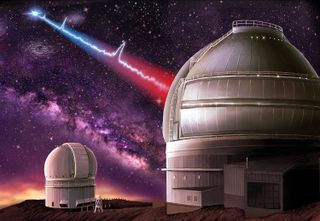 An artist's impression of the Gemini telescope detecting the signal of a fast radio burst in a distant dwarf galaxy.