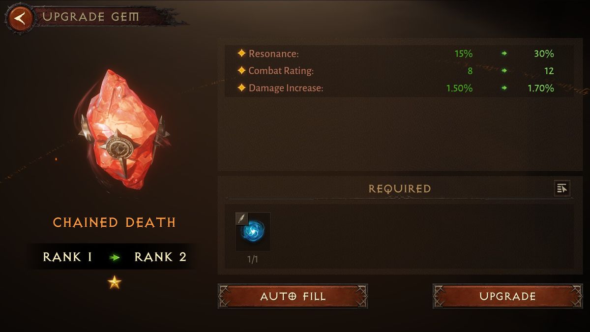 Diablo Immortal gem upgrade menu