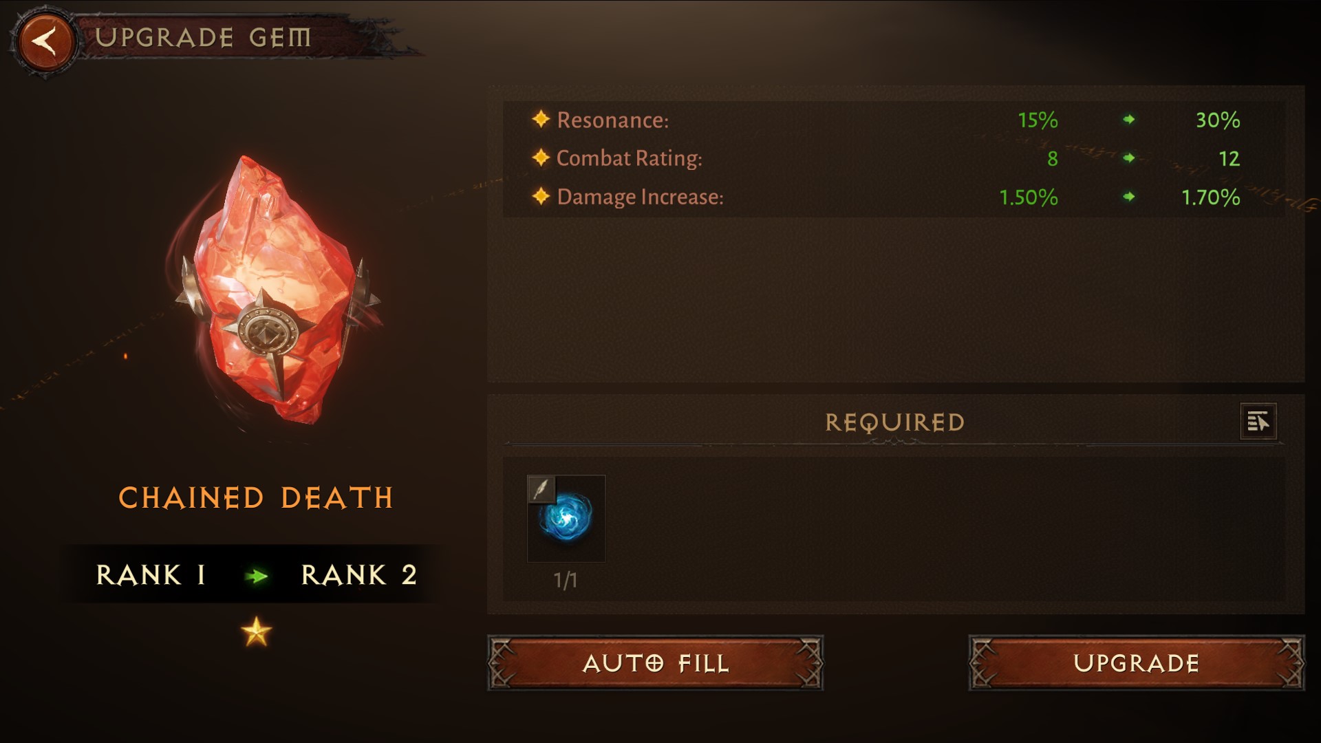Diablo Immortal gem upgrade menu
