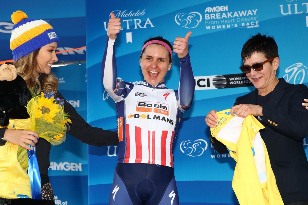 Megan Guarnier (Boels Dolmans) celebrates her stage win on the podium