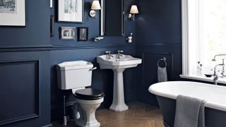dark blue bathroom with wall panelling