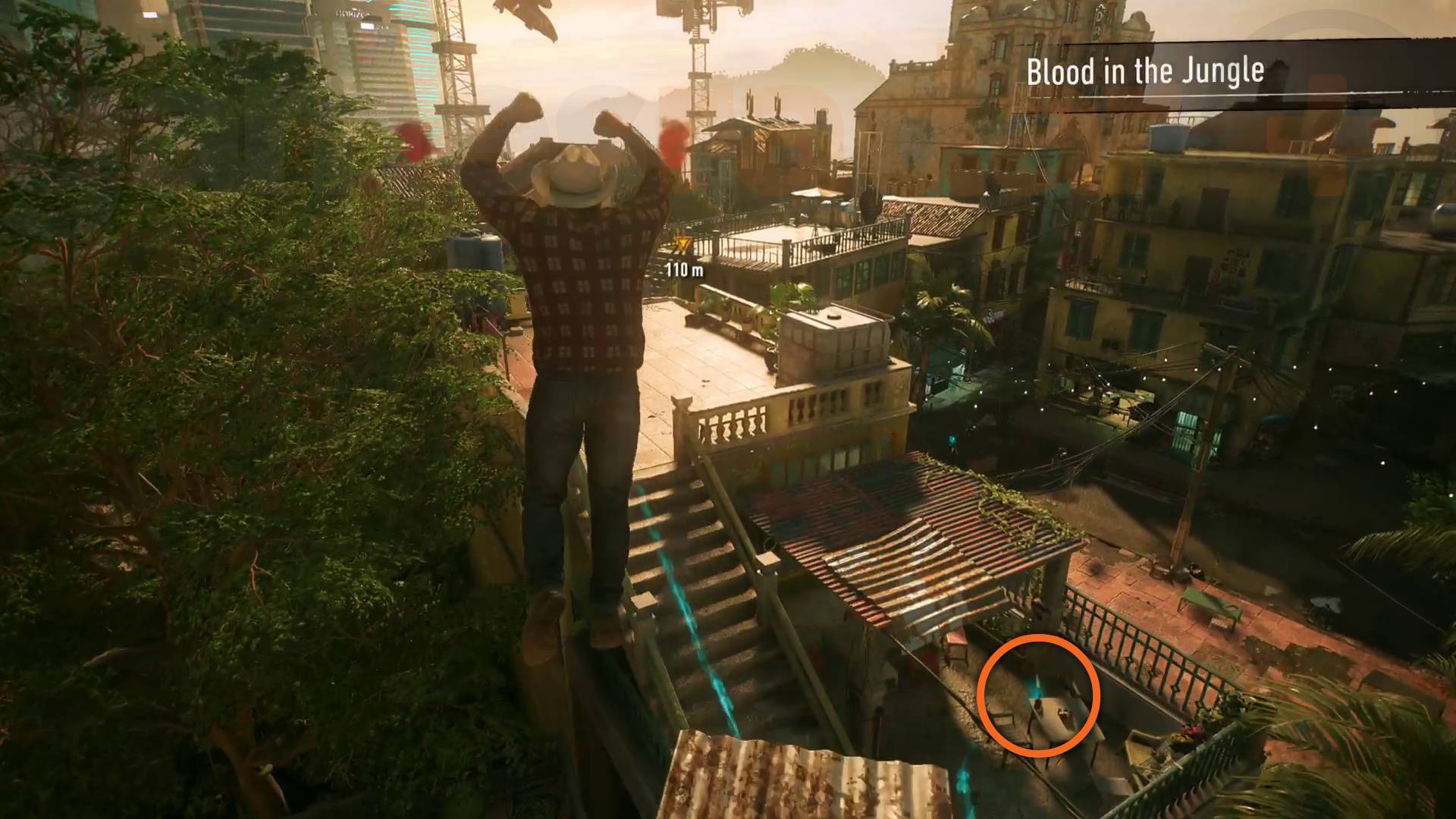 Marvel's Wolverine leaping to building with whiskey bottle on table in lower balcony in Way Down Low