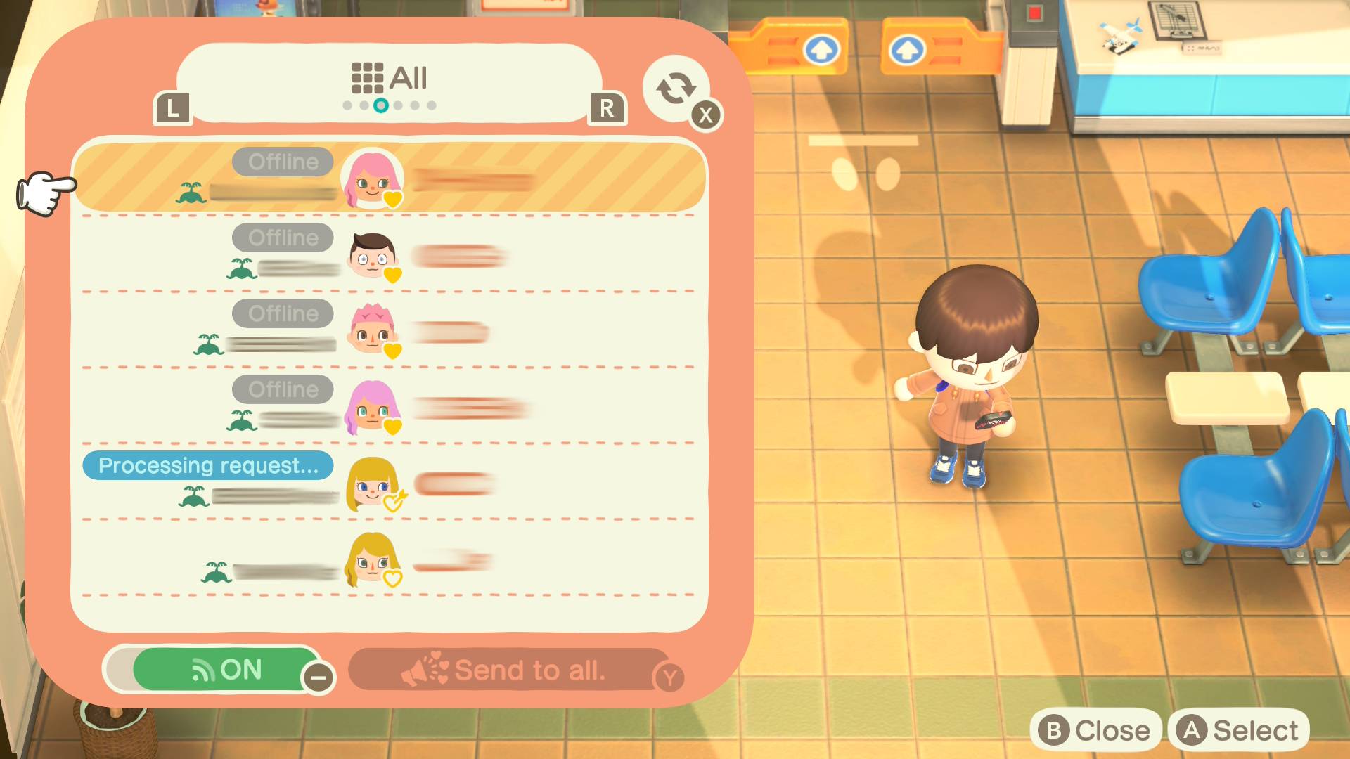Animal Crossing New Horizons multiplayer friends list on nook phone