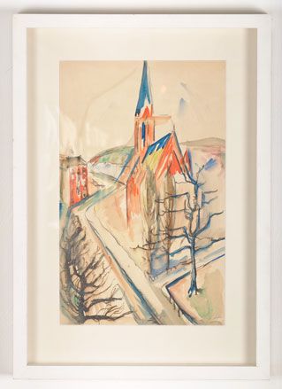 Hannah Hoch’s expressionist watercolour view of a church from 1917.