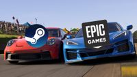 Steam and the Epic Games launcher represented as two cars on a race track.