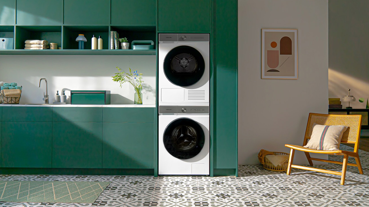 Samsung Bespoke AI Washer &amp; Dryer fitted into a green shelving unit