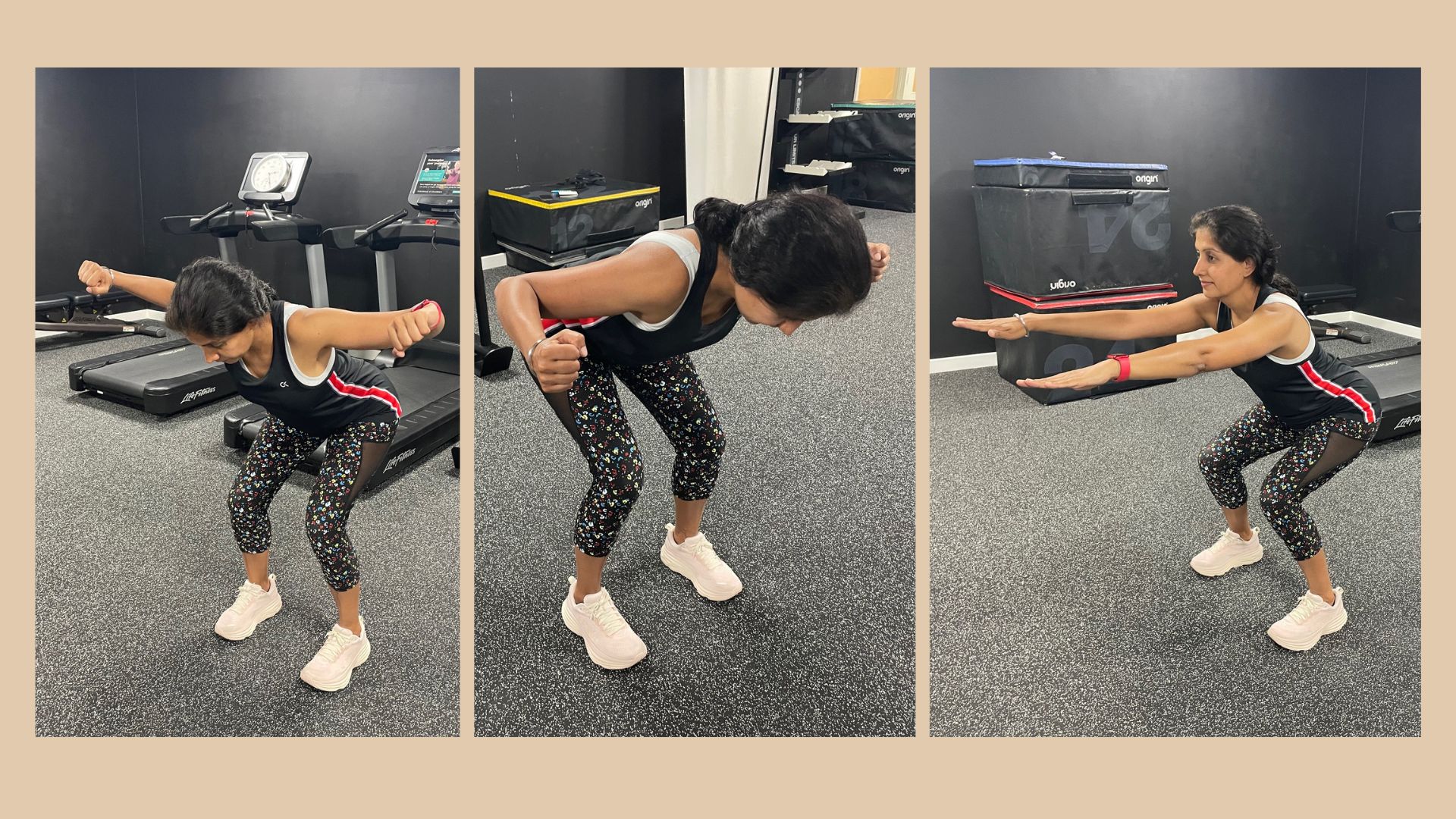 Minreet Kaur doing a bodyweight workout for beginners, including squats and chest flies