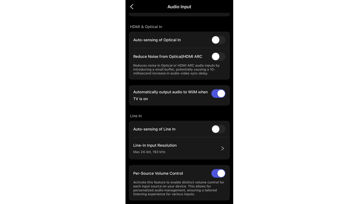 Screenshot showing audio settings in WiiM Home app