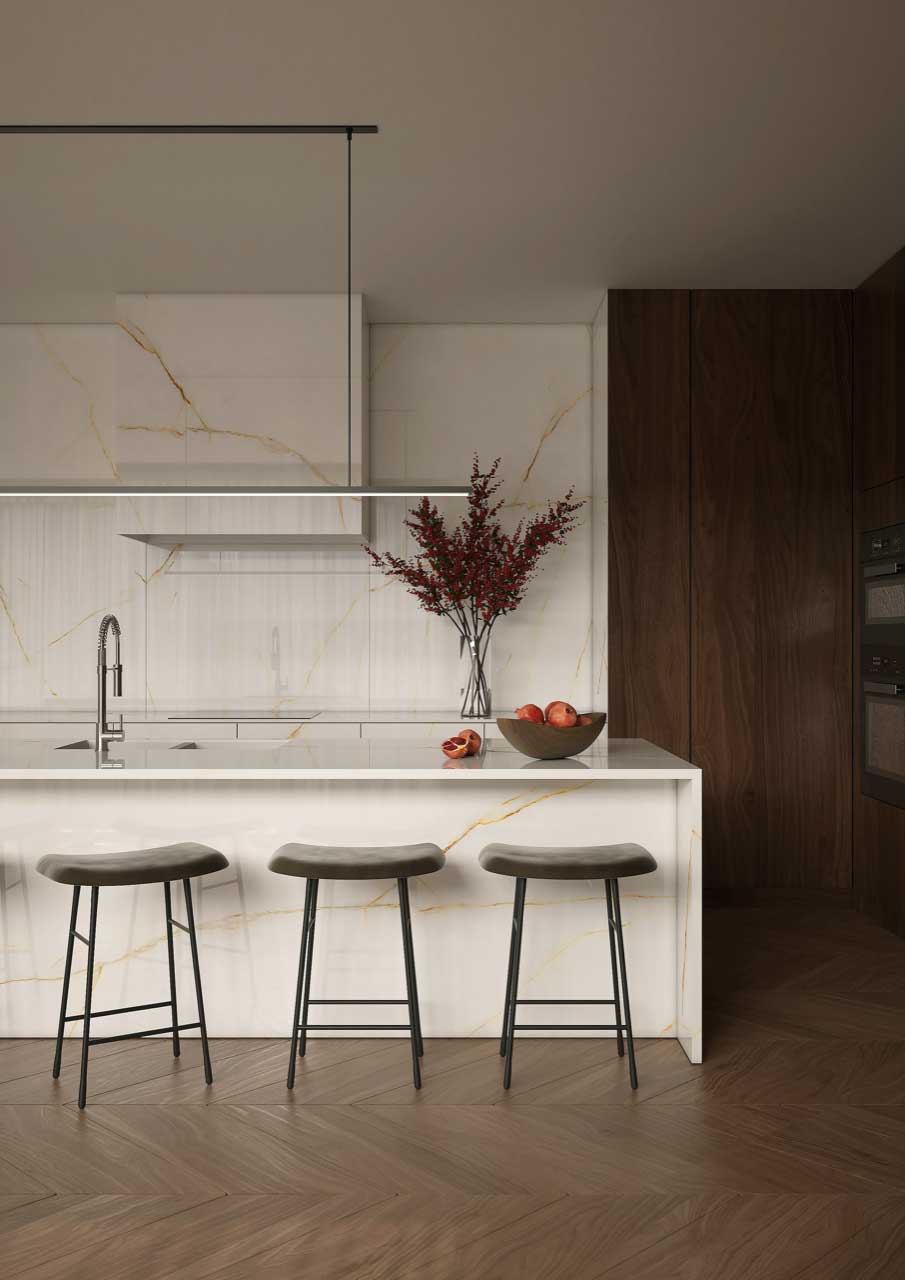 a modern kitchen with a matching countertop and backsplash
