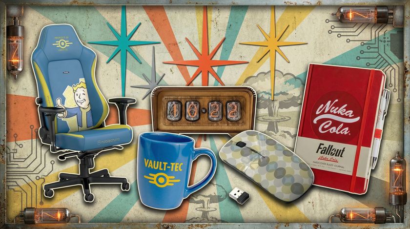 A Fallout-themed office chair, mug, notebook, retro nixie clock, and computer mouse against a starburst atomic-age style background