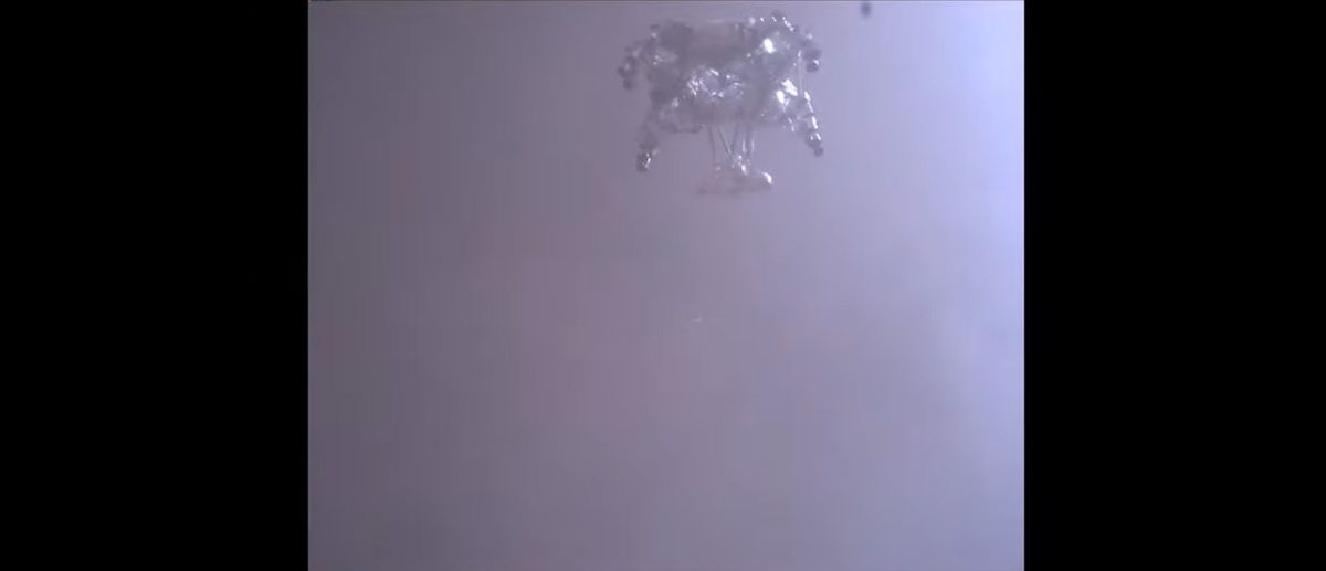 NASA's Perseverance rover captured this view from its entry, descent and landing camera system as it descended to the surface of Mars on Feb. 18, 2021.