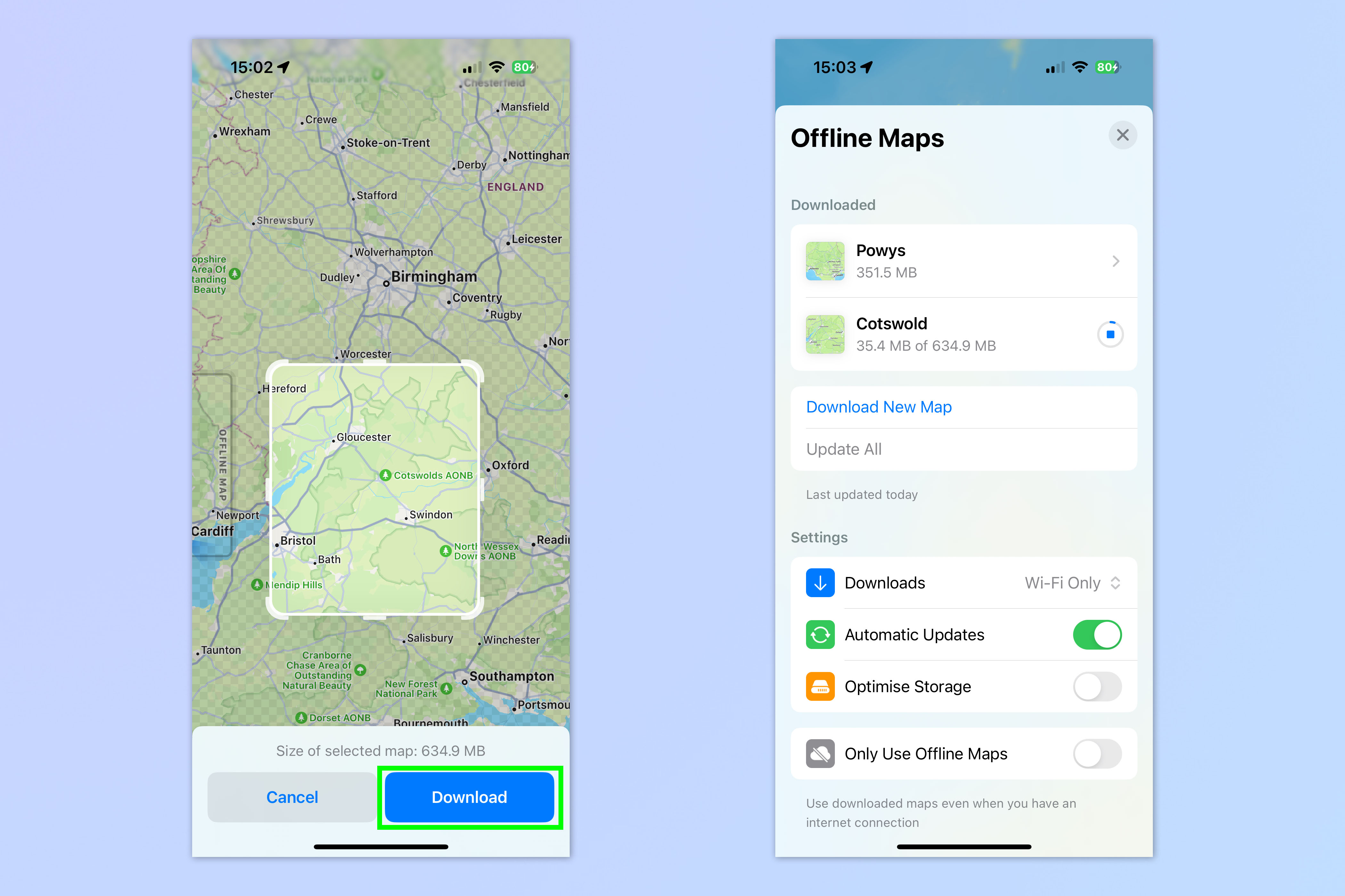لقطة شاشة توضح كيفية تنزيل خرائط Apple وإدارتها في وضع عدم الاتصال